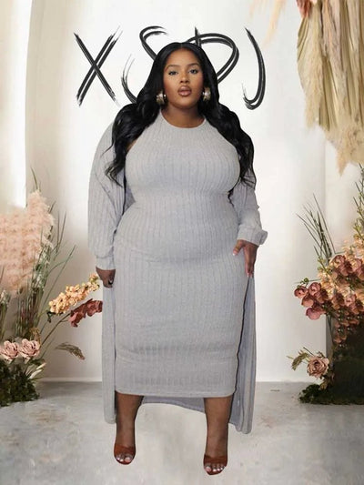 4x Plus Size Women Clothing Sets Autumn Long Cardigan Dress Suit Chic - Cartor Stores
