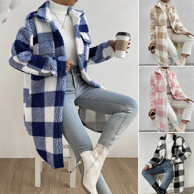 Autumn And Winter Open Button Lapel Plush Plaid Coat - Cartor Stores